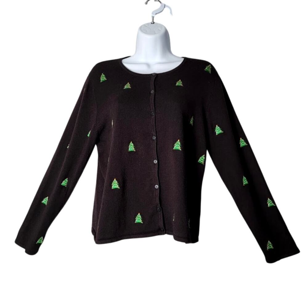 Etoile Women's Large Black Christmas‎ Cardigan Sweater Trees Ugly Xmas Party